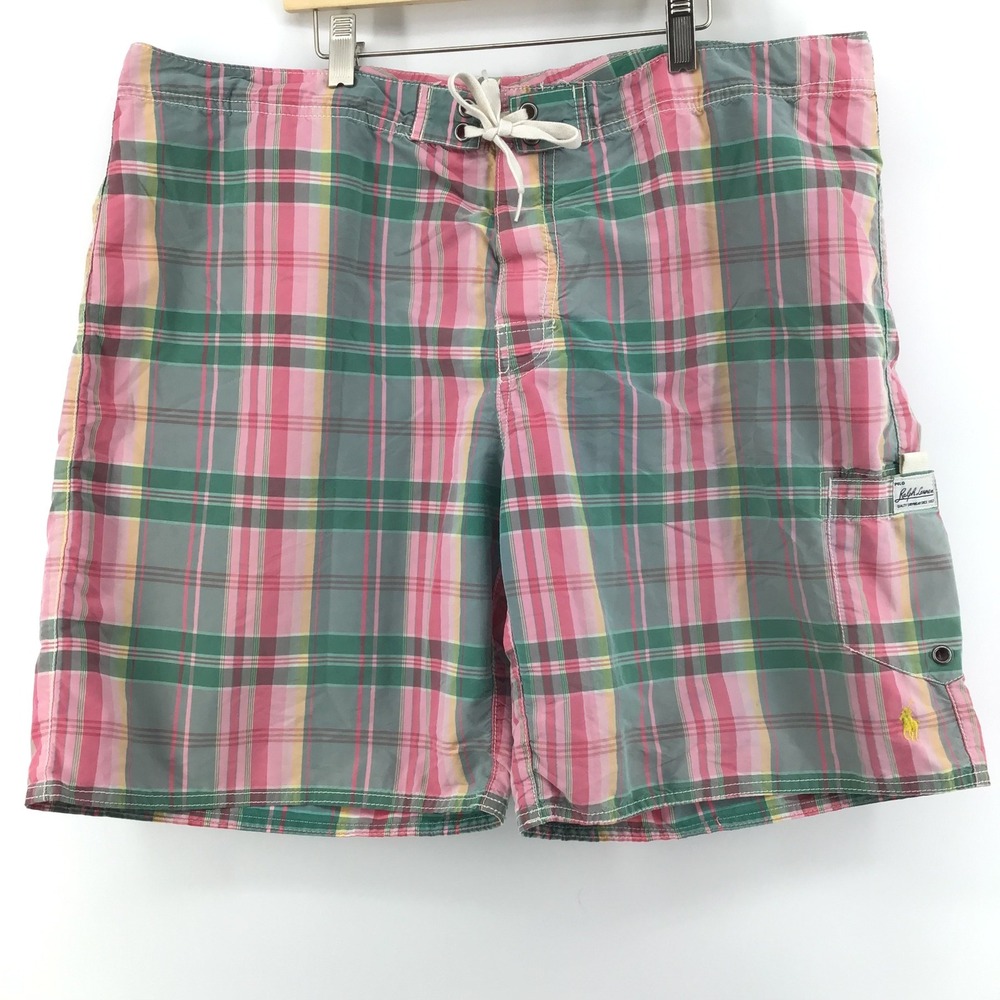 Polo Ralph Lauren Mens Pink Green Plaid Board Shorts Swim Trunks Size 38